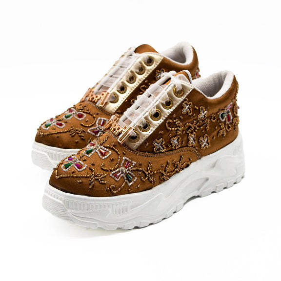 Evelyn Luxury Tan Satin Handmade Embellished Trainers