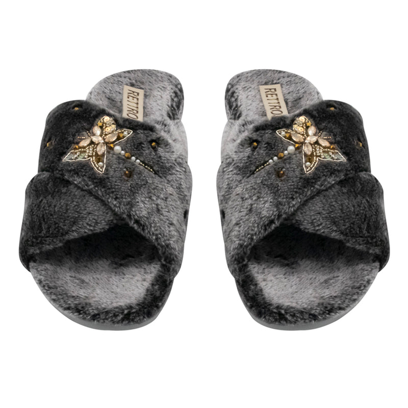 Sofia Charcoal Luxury Plush Diamanté Embellished Handmade Slipper