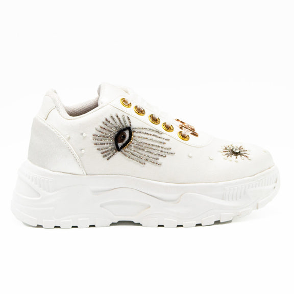 Cielo  Luxury White Satin Handmade Embellished Trainers