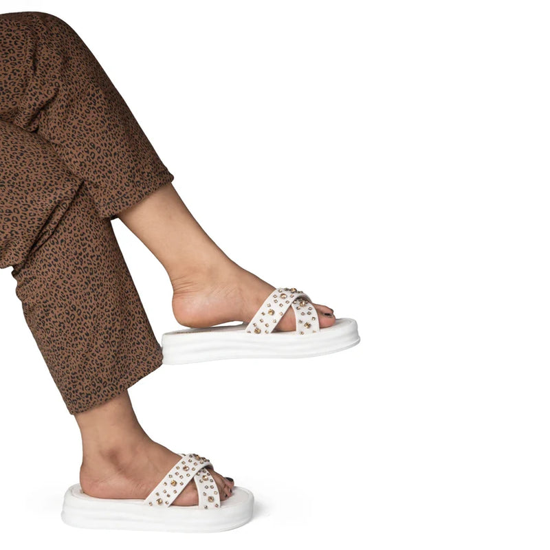 The Aurora White Luxury Cross Over Embellished Slides