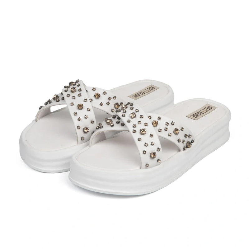 The Aurora White Luxury Cross Over Embellished Slides