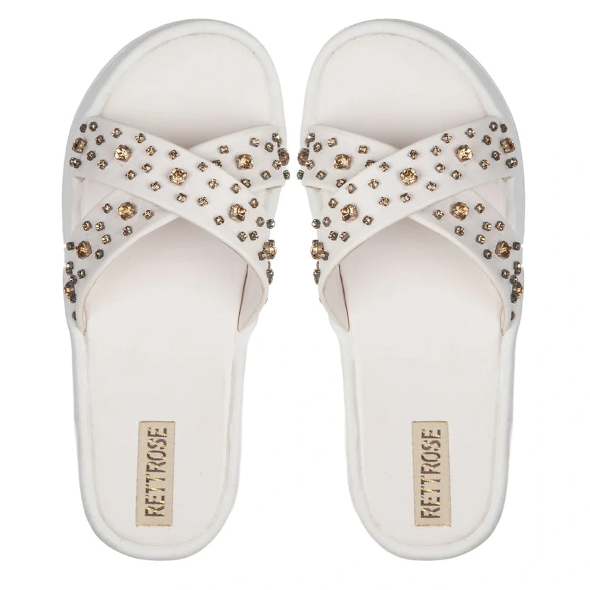 The Aurora White Luxury Cross Over Embellished Slides