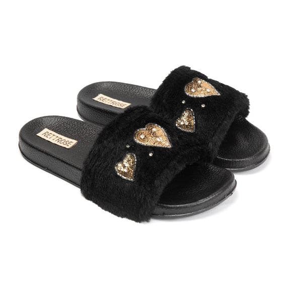 The Ella Noir Luxury Plush Diamanté Embellished Handmade Sliders | RETTROSE |