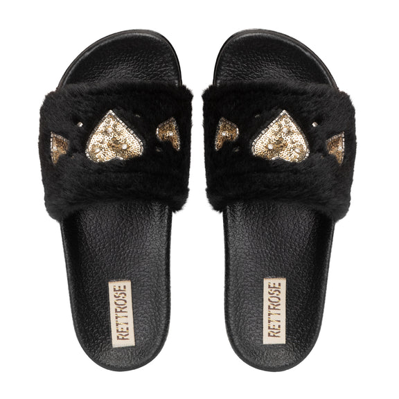 The Ella Noir Luxury Plush Diamanté Embellished Handmade Sliders | RETTROSE |