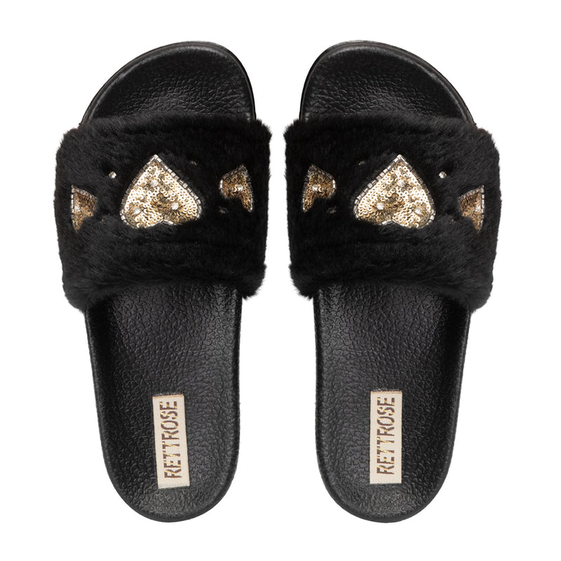 The Ella Noir Luxury Plush Diamanté Embellished Handmade Sliders | RETTROSE |