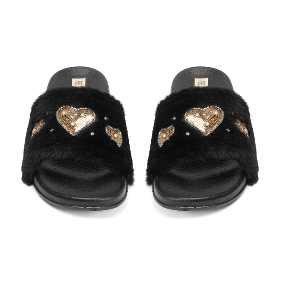 The Ella Noir Luxury Plush Diamanté Embellished Handmade Sliders | RETTROSE |