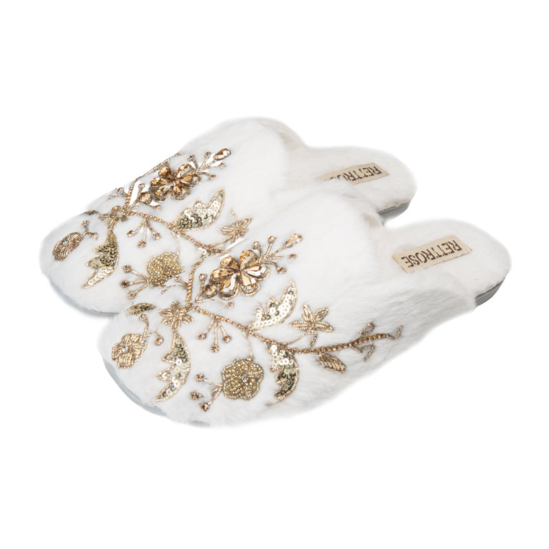 The Annie Cream Luxury Handmade Women’s Slippers – Faux Fur Front-Covered, Comfortable, White & Cream Diamanté Embellished