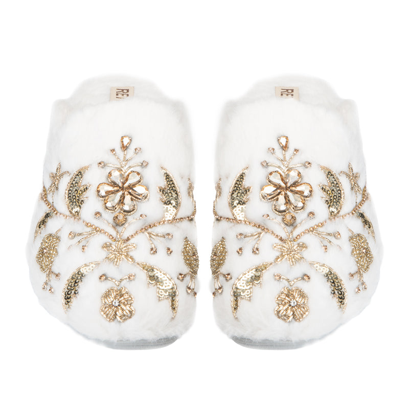 The Annie Cream Luxury Handmade Women’s Slippers – Faux Fur Front-Covered, Comfortable, White & Cream Diamanté Embellished