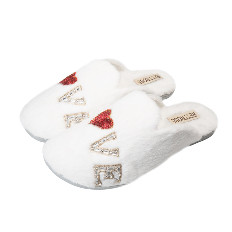 RETTROSE Anastasia Cream Women’s Luxury Slippers – Handmade White Faux Fur Slippers with Diamanté Love Appliqué | RETTROSE