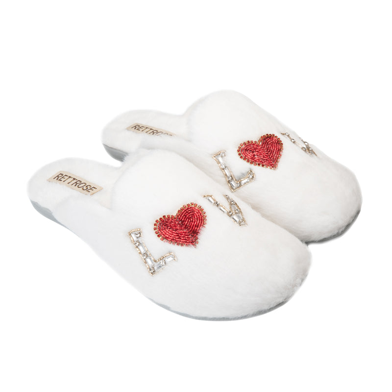 RETTROSE Anastasia Cream Women’s Luxury Slippers – Handmade White Faux Fur Slippers with Diamanté Love Appliqué | RETTROSE