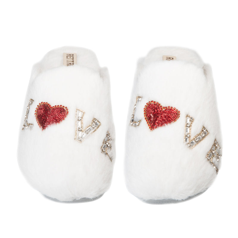 RETTROSE Anastasia Cream Women’s Luxury Slippers – Handmade White Faux Fur Slippers with Diamanté Love Appliqué | RETTROSE