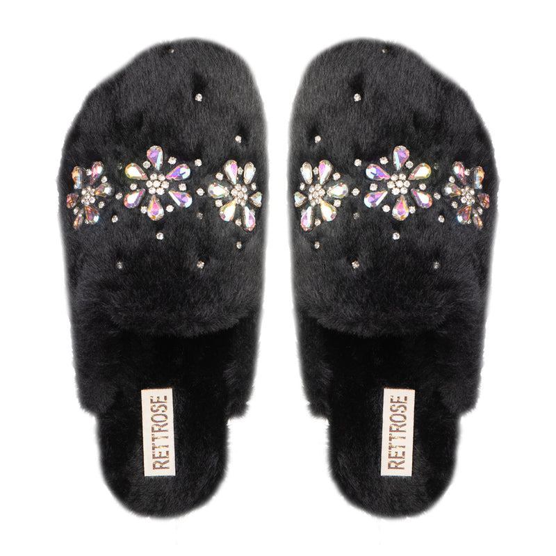 Kamila Black Luxury Plush Diamanté Embellished Handmade Slipper