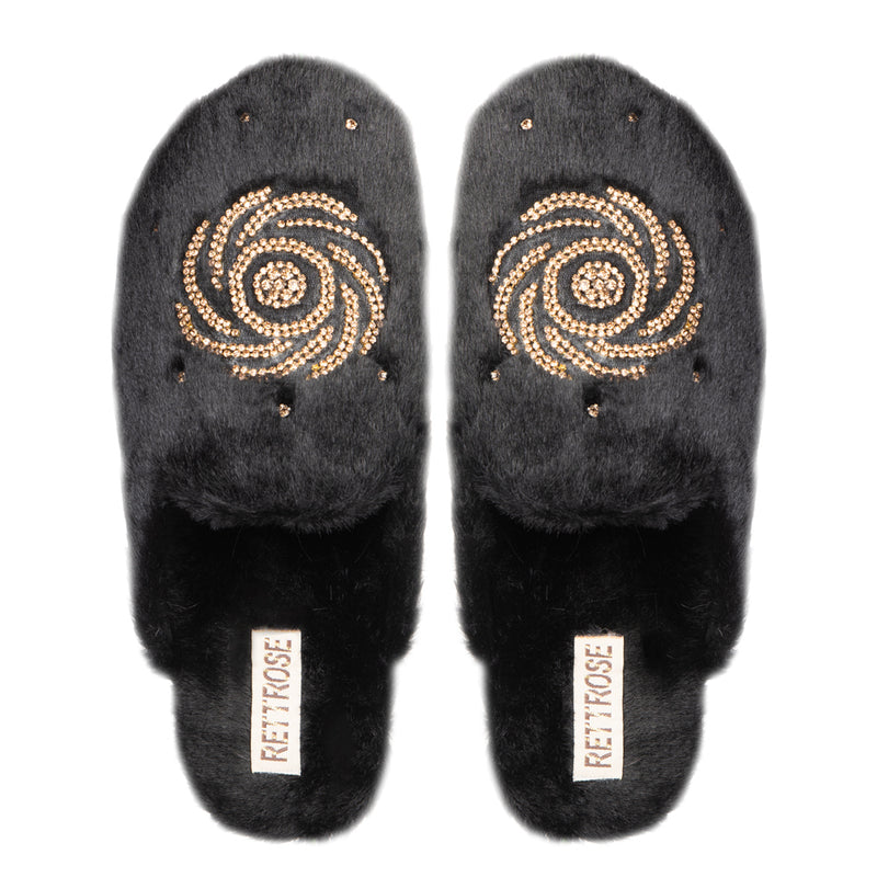 Morgan Black Luxury Faux Fur Comfortable Diamanté Embellished Women’s Handmade Slippers
