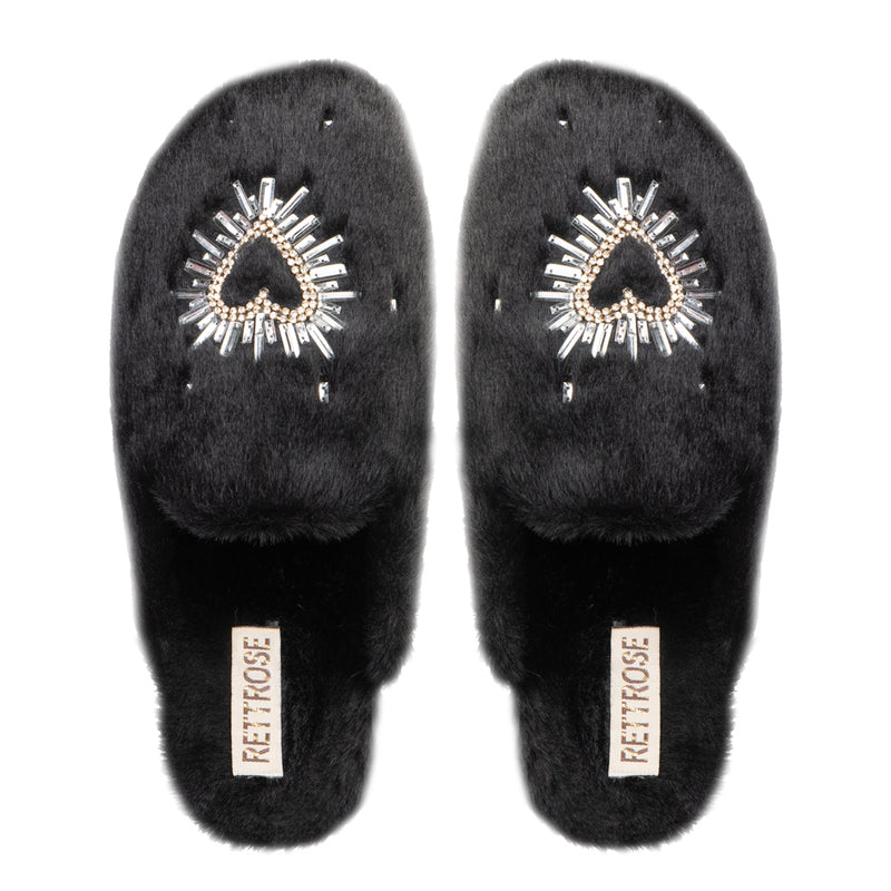 Noelle Black Luxury Faux Fur Comfortable Heart Diamanté Embellished Women’s Handmade Slippers