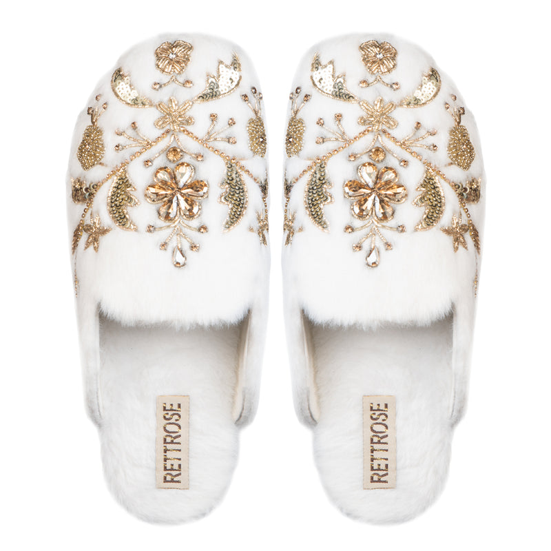 The Annie Cream Luxury Handmade Women’s Slippers – Faux Fur Front-Covered, Comfortable, White & Cream Diamanté Embellished