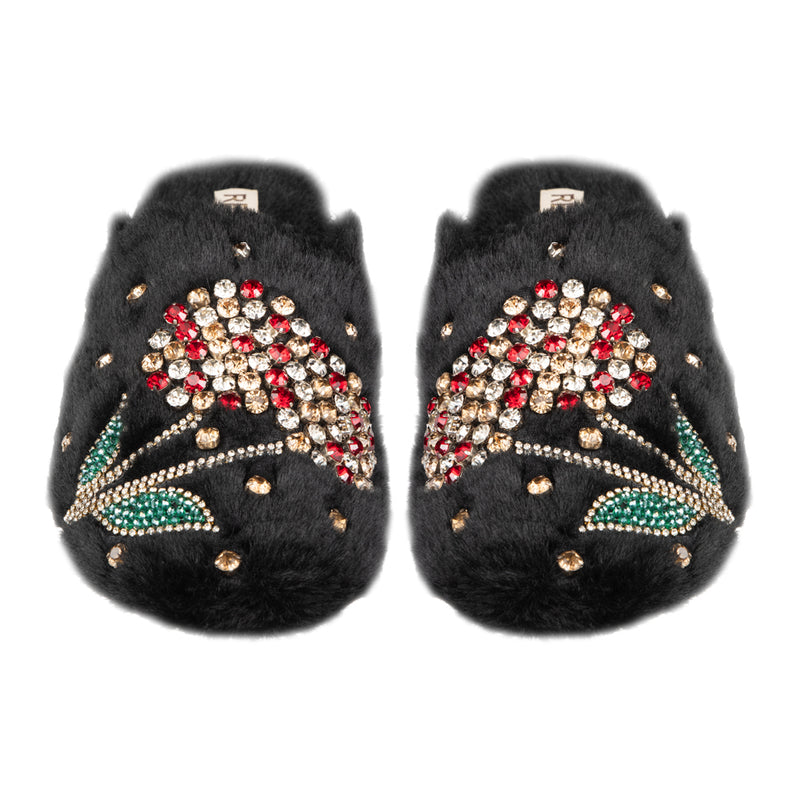 The Georgie Black Luxury Handmade Women’s Slippers – Full Faux Fur Front-Covered, Comfortable Rubber Sole, Diamanté Embellished