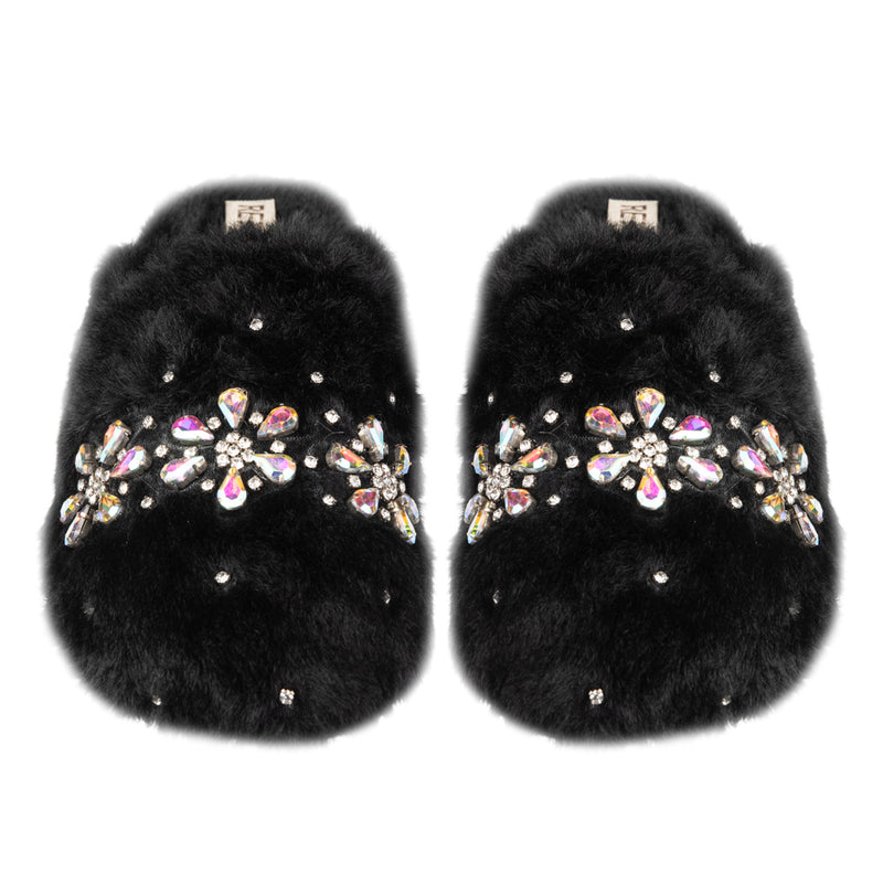 Kamila Black Luxury Plush Diamanté Embellished Handmade Slipper