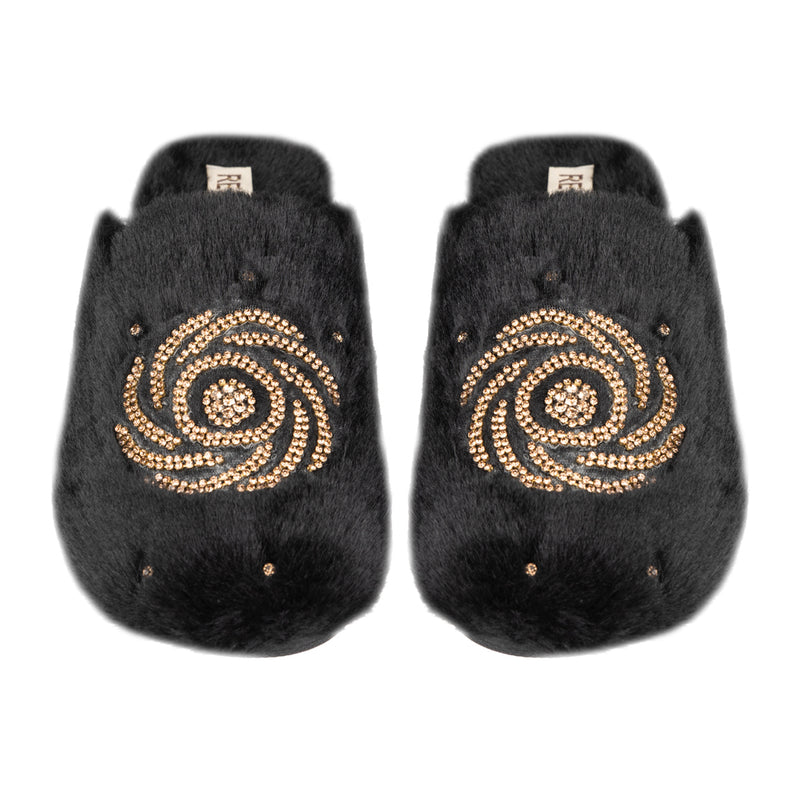 Morgan Black Luxury Faux Fur Comfortable Diamanté Embellished Women’s Handmade Slippers