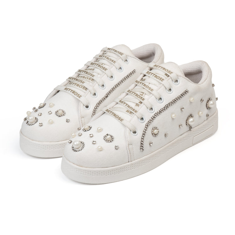 Nova Luxury White Suede Handmade Embellished Tennis Shoe