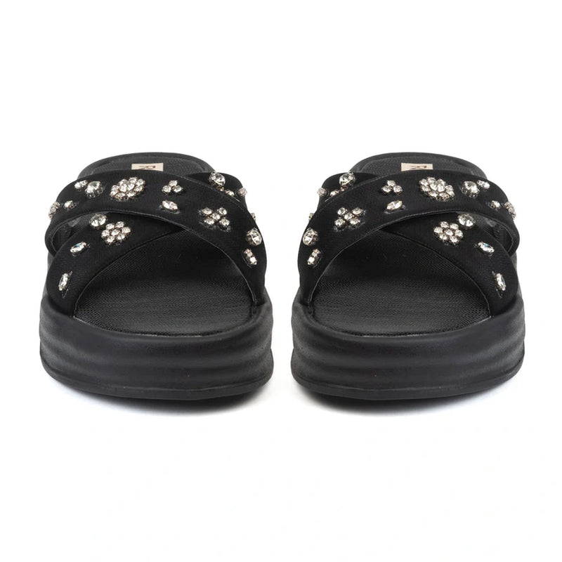 The Giana Black Luxury Cross Over Embellished Slides