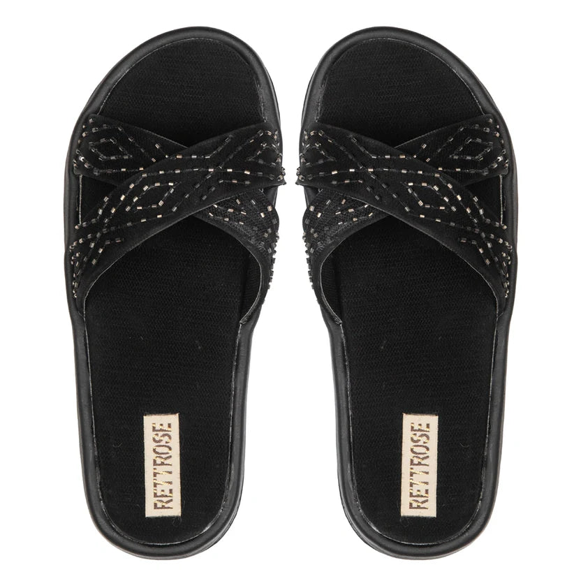 The Shiloh Black Luxury Cross Over Embellished Slides