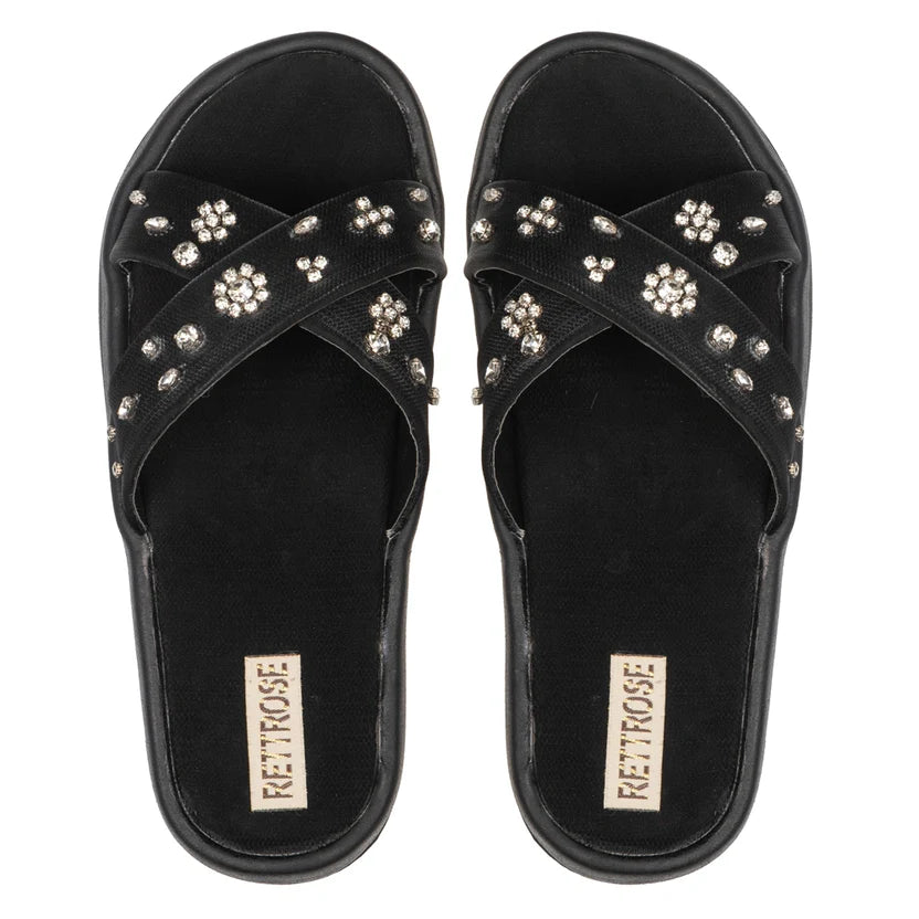 The Giana Black Luxury Cross Over Embellished Slides