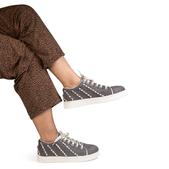 Ivy Luxury Grey Suede Handmade Embellished Tennis Shoe