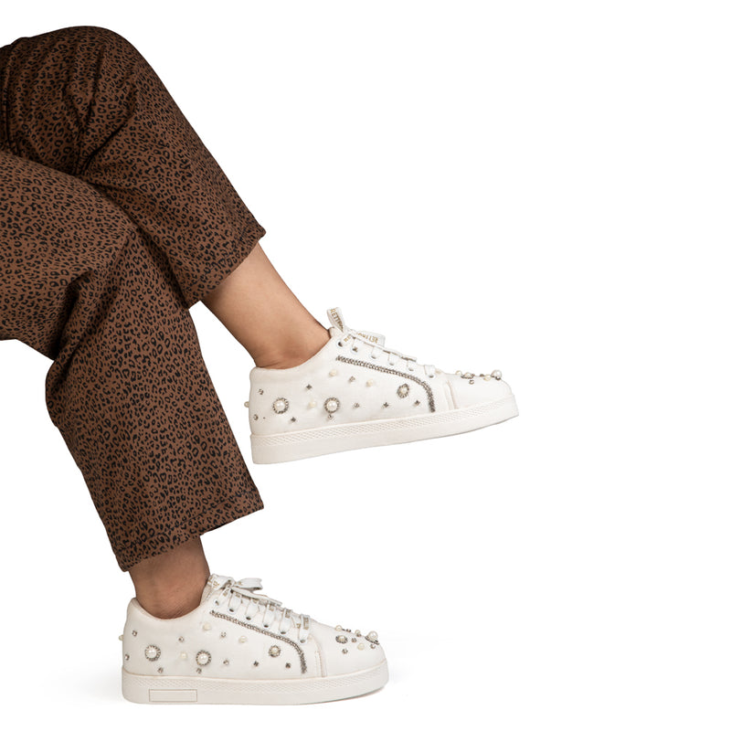 Nova Luxury White Suede Handmade Embellished Tennis Shoe