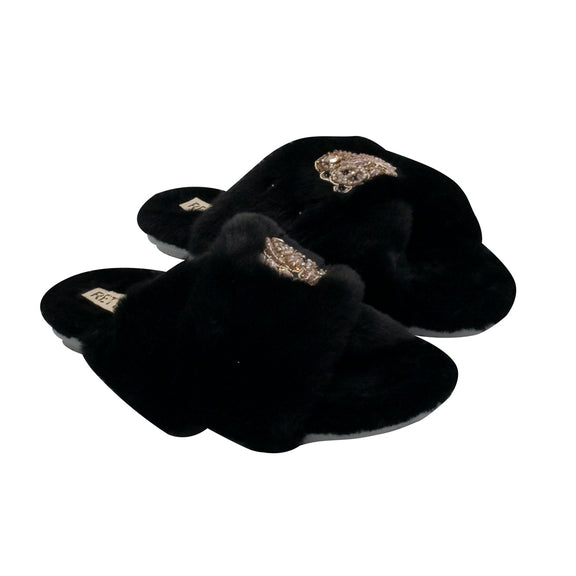 The Ember Black Luxury Plush Diamanté Embellished Handmade Slipper