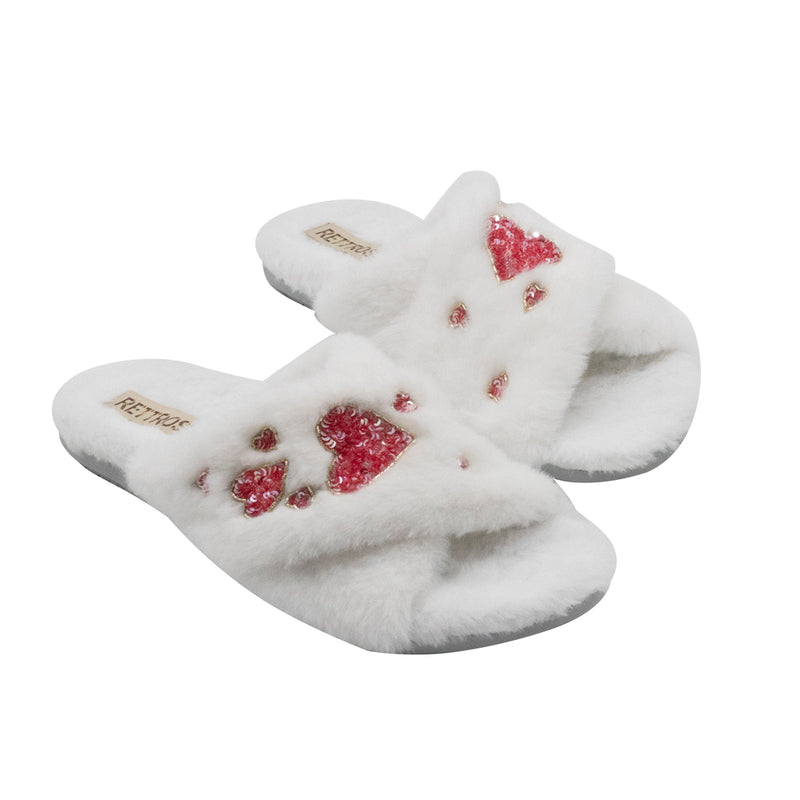 The Kaylee Cream Luxury Plush Diamanté Embellished Handmade Slipper | RETTROSE |