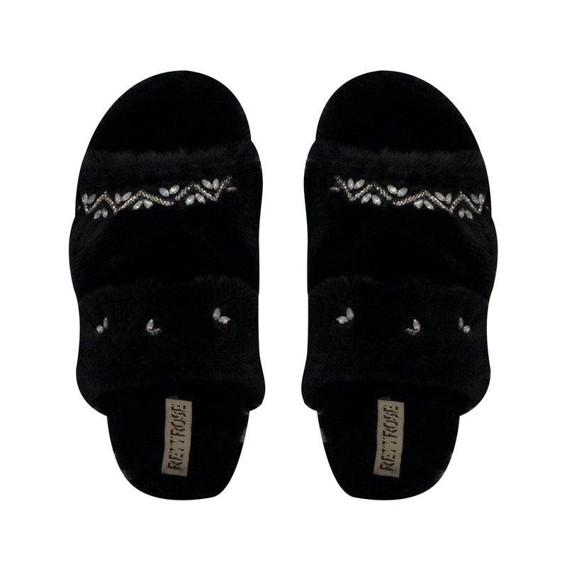 The Myla Black Luxury Plush Diamanté Embellished Handmade Slipper | RETTROSE |