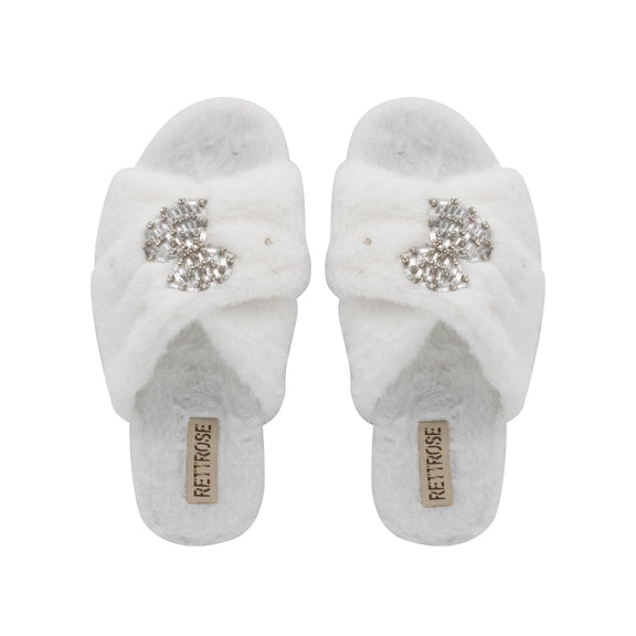 The Fefe Cream Luxury Plush Diamanté Embellished Handmade Slipper | RETTROSE |