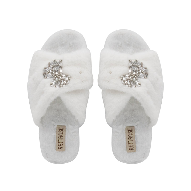 The Fefe Cream Luxury Plush Diamanté Embellished Handmade Slipper | RETTROSE |