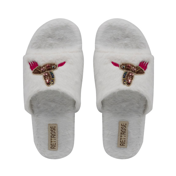 The Ariella Cream Luxury Plush Diamanté Embellished Handmade Slipper | RETTROSE |