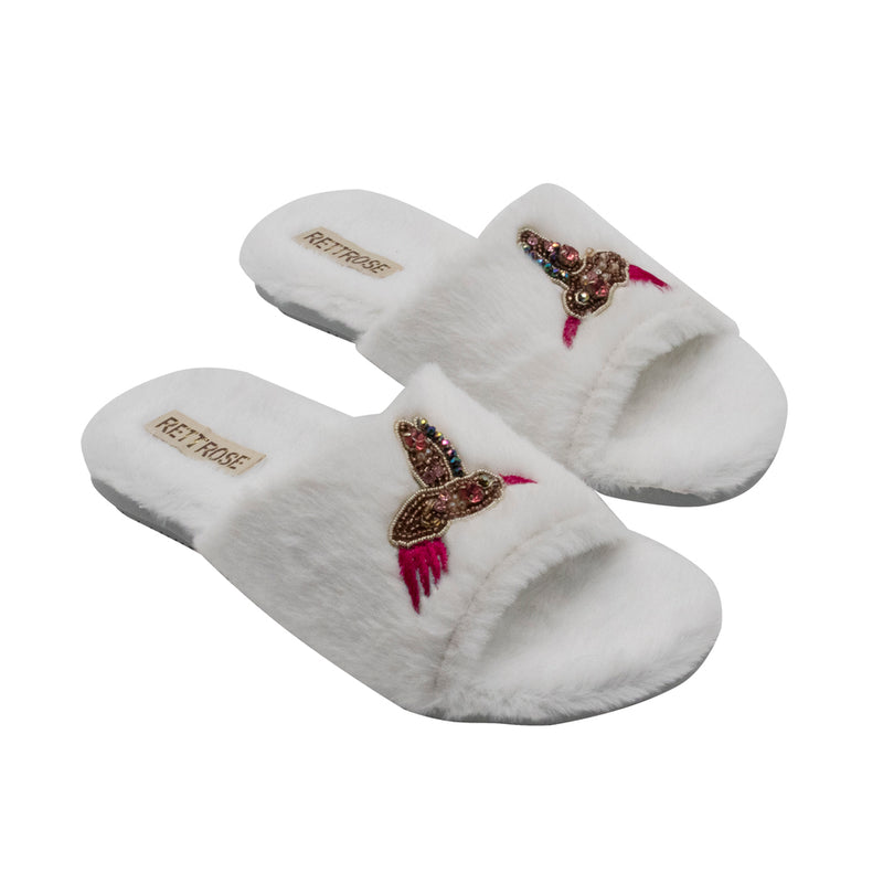 The Ariella Cream Luxury Plush Diamanté Embellished Handmade Slipper | RETTROSE |