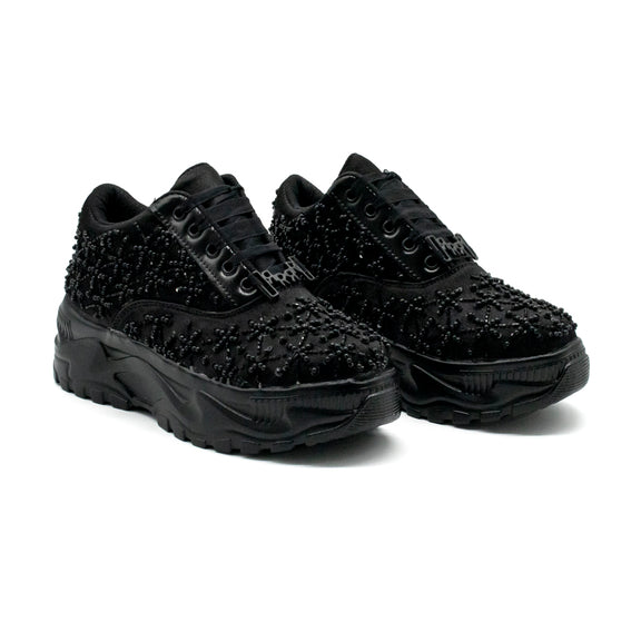 The Harper Luxury Black Satin Handmade Embellished Trainers | RETTROSE |