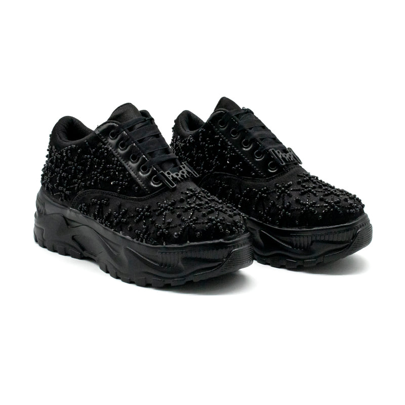 The Harper Luxury Black Satin Handmade Embellished Trainers | RETTROSE |