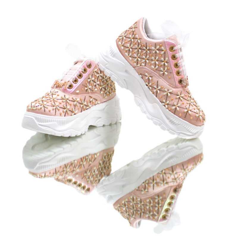 The Harper Luxury Nude Satin Handmade Embellished Trainers | RETTROSE |