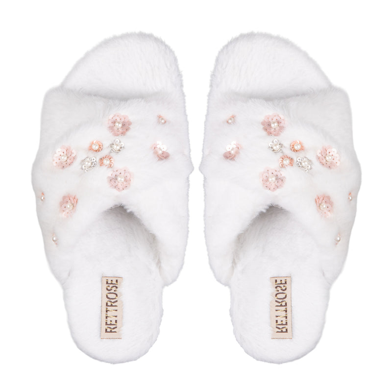 Kinsley Cream Luxury Faux Fur Comfortable Diamanté Embellished Women’s Handmade Slippers