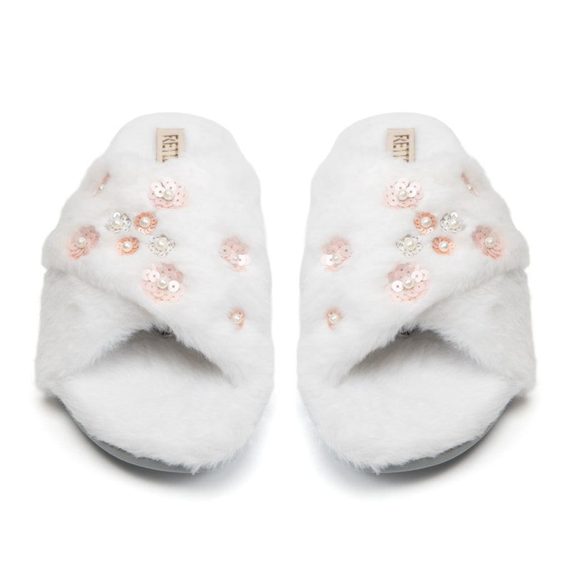 Kinsley Cream Luxury Faux Fur Comfortable Diamanté Embellished Women’s Handmade Slippers