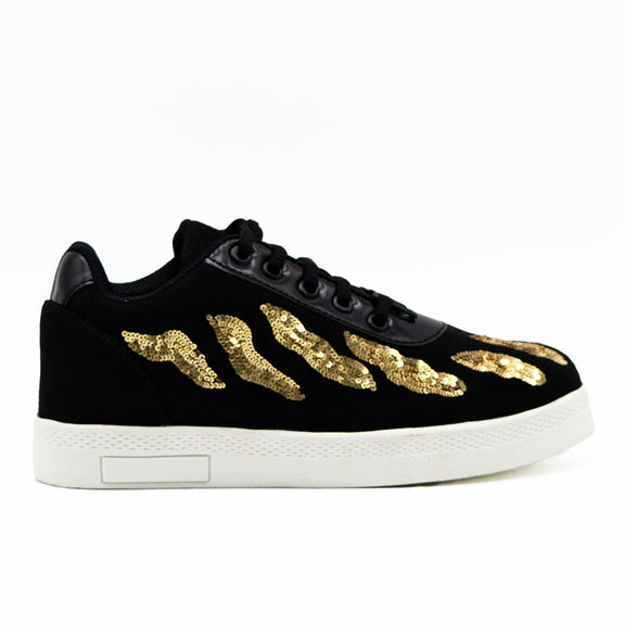 Maisy Luxury Black Satin Handmade Embellished Tennis Shoe
