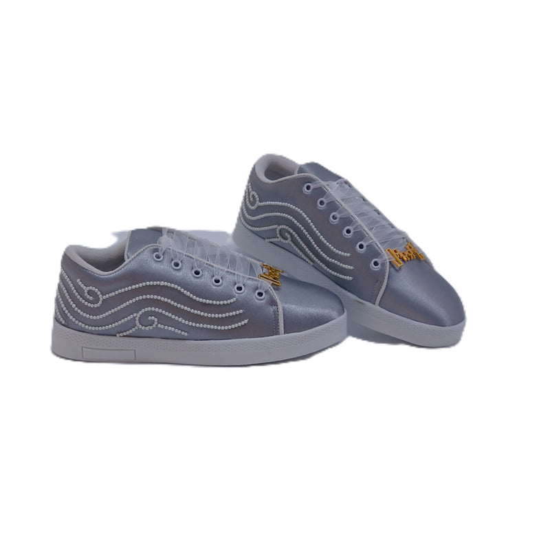 Clara Luxury Silver Satin Handmade Embellished Tennis Shoe