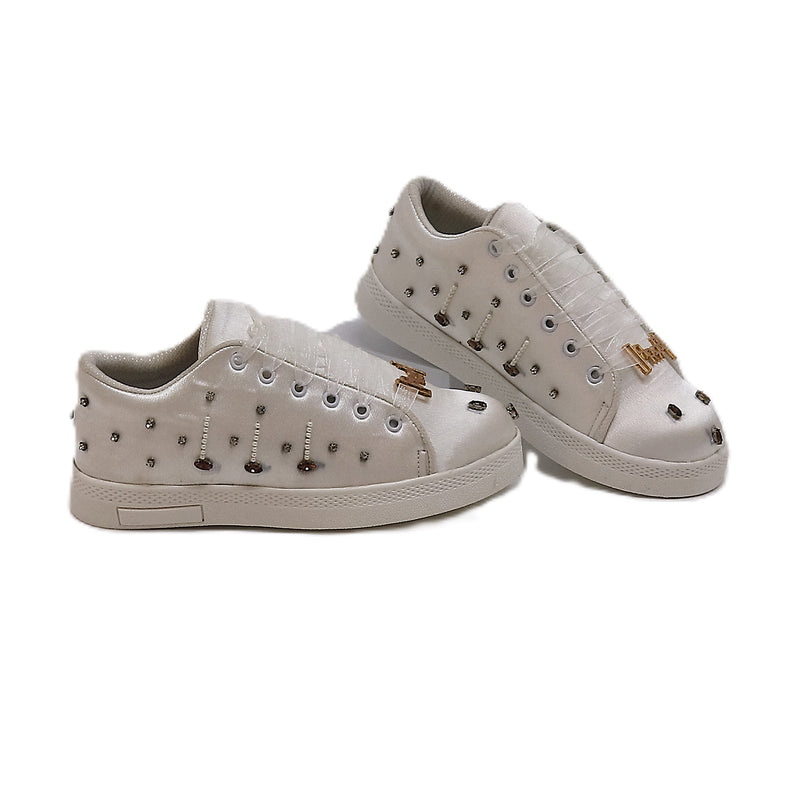 Amara Luxury White Satin Handmade Embellished Tennis Shoe