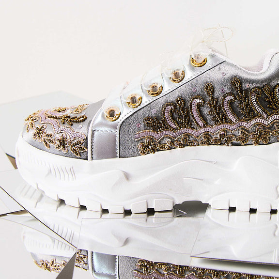 The Petra Luxury Silver Satin Hand Embellished Sneaker | RETTROSE |