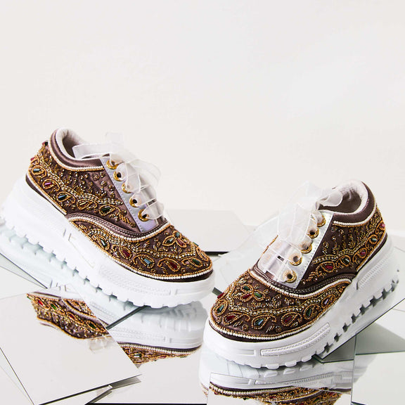 The Isabella Luxury Mauve Satin Hand Embellished Sneaker | RETTROSE |