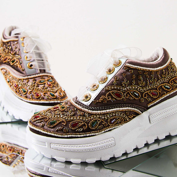 The Isabella Luxury Mauve Satin Hand Embellished Sneaker | RETTROSE |