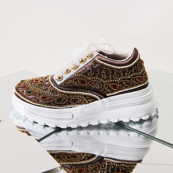 The Isabella Luxury Mauve Satin Hand Embellished Sneaker | RETTROSE |