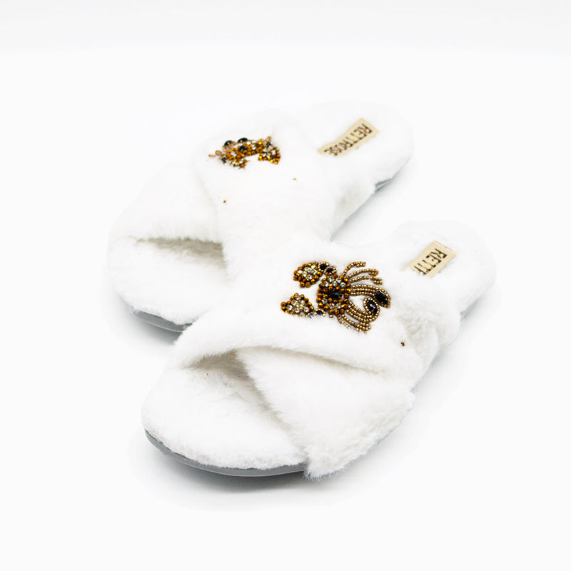 The Sophie Cream Luxury Plush Diamanté Embellished Handmade Slipper