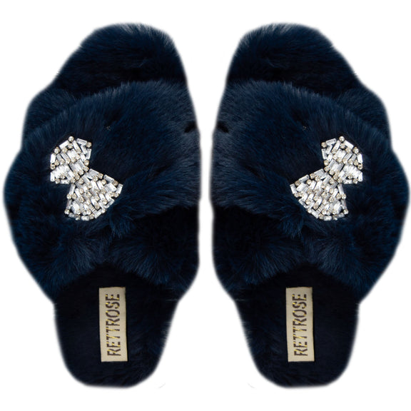The Fefe Navy Luxury Plush Diamanté Embellished Handmade Slipper | RETTROSE |