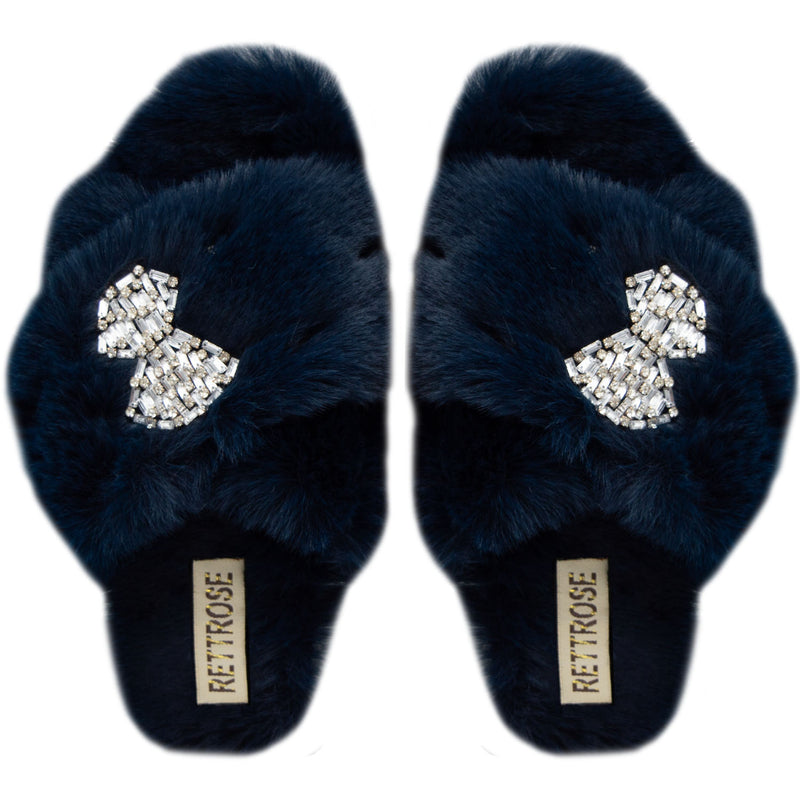 The Fefe Navy Luxury Plush Diamanté Embellished Handmade Slipper | RETTROSE |